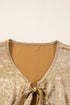 Metallic Crinkle Tie Front Long Sleeve Peplum Blouse