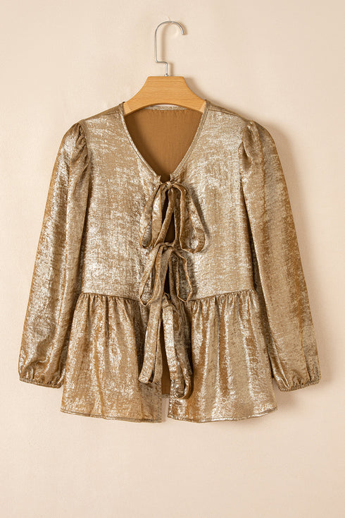 Metallic Crinkle Tie Front Long Sleeve Peplum Blouse