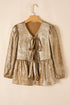 Metallic Crinkle Tie Front Long Sleeve Peplum Blouse