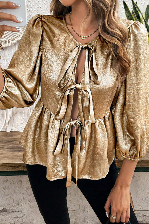 Metallic Crinkle Tie Front Long Sleeve Peplum Blouse
