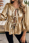 Metallic Crinkle Tie Front Long Sleeve Peplum Blouse