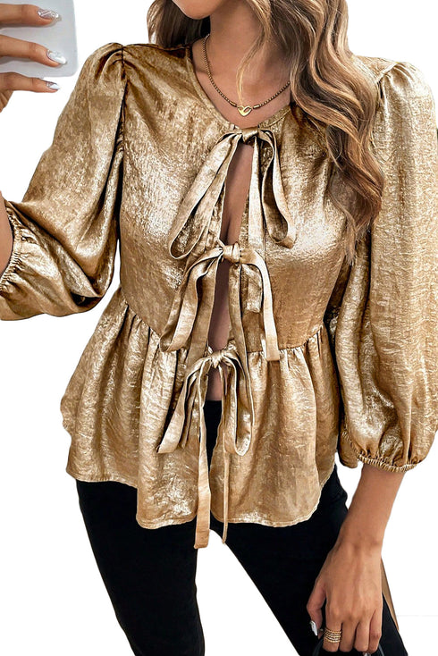 Metallic Crinkle Tie Front Long Sleeve Peplum Blouse