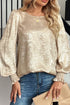 Metallic Finish Round Neck Smocked Long Sleeve Blouse