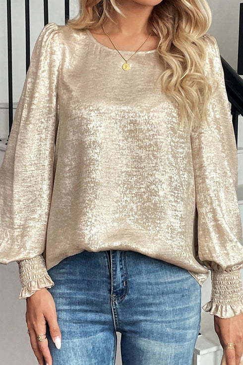 Metallic Finish Round Neck Smocked Long Sleeve Blouse