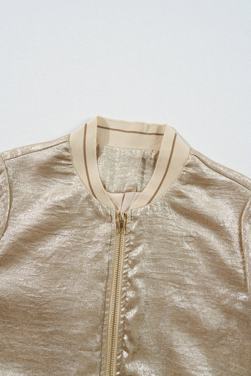 Metallic Finish Zip Up Casual Baseball Jacket
