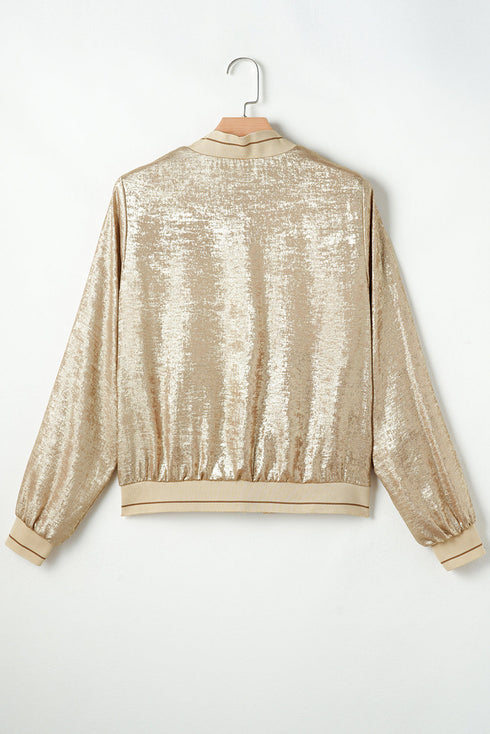 Metallic Finish Zip Up Casual Baseball Jacket