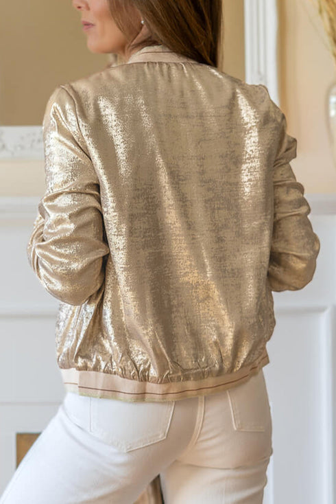 Metallic Finish Zip Up Casual Baseball Jacket
