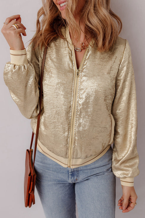 Metallic Finish Zip Up Casual Baseball Jacket