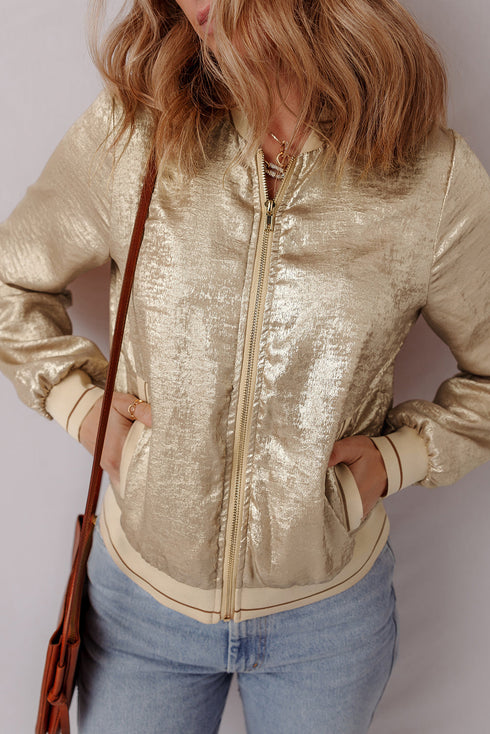 Metallic Finish Zip Up Casual Baseball Jacket