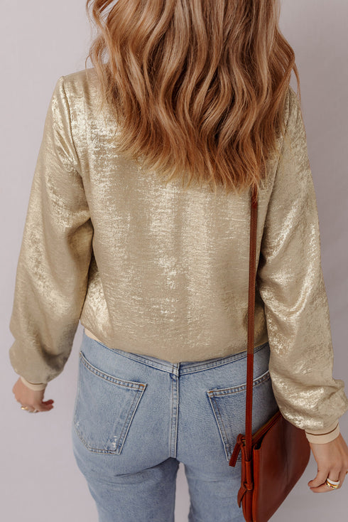 Metallic Finish Zip Up Casual Baseball Jacket