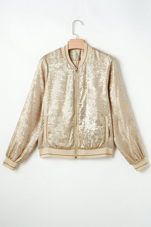Metallic Finish Zip Up Casual Baseball Jacket