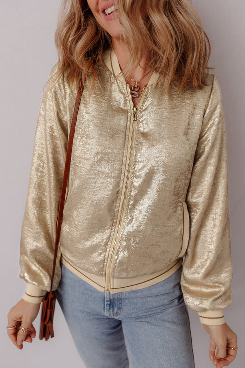 Metallic Finish Zip Up Casual Baseball Jacket