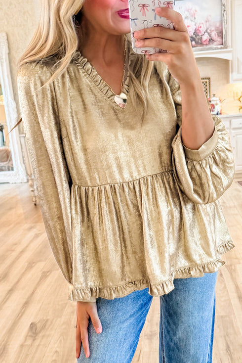 Metallic Frilled V Neck Puff Sleeve Babydoll Blouse