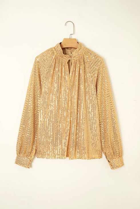 Metallic High Neck Balloon Sleeve Buttoned Blouse