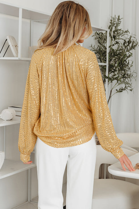 Metallic High Neck Balloon Sleeve Buttoned Blouse