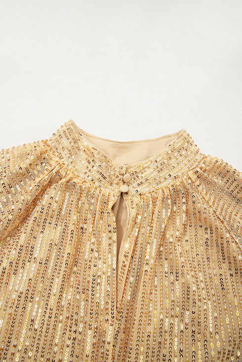 Metallic High Neck Balloon Sleeve Buttoned Blouse