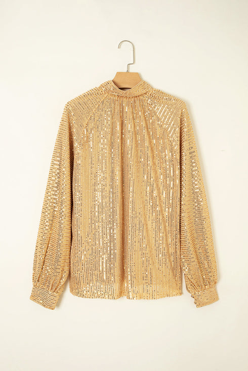 Metallic High Neck Balloon Sleeve Buttoned Blouse
