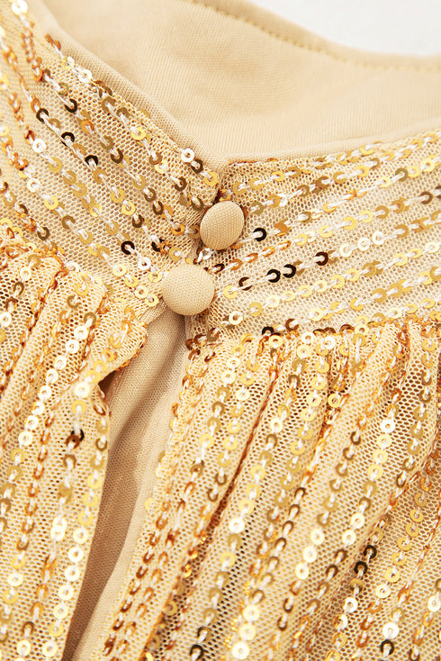 Metallic High Neck Balloon Sleeve Buttoned Blouse