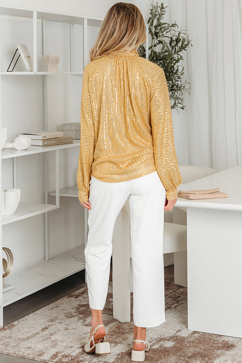 Metallic High Neck Balloon Sleeve Buttoned Blouse