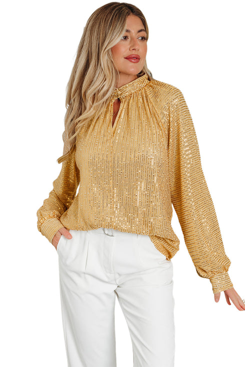 Metallic High Neck Balloon Sleeve Buttoned Blouse
