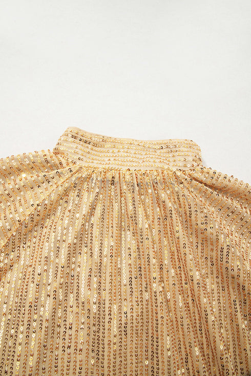 Metallic High Neck Balloon Sleeve Buttoned Blouse