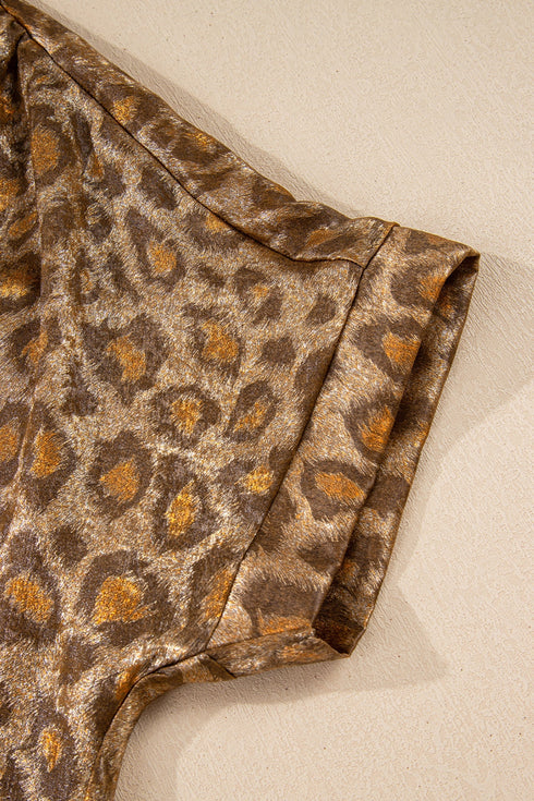 Metallic Leopard Print Dolman Sleeve Button Down Shirt