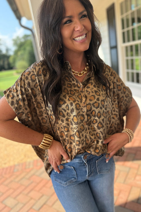 Metallic Leopard Print Dolman Sleeve Button Down Shirt