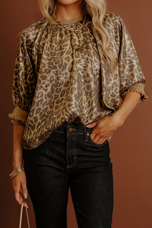 Metallic Leopard Print Half Sleeve Modern Blouse