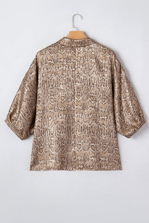 Metallic Leopard Print V Neck Polo Collared Blouse