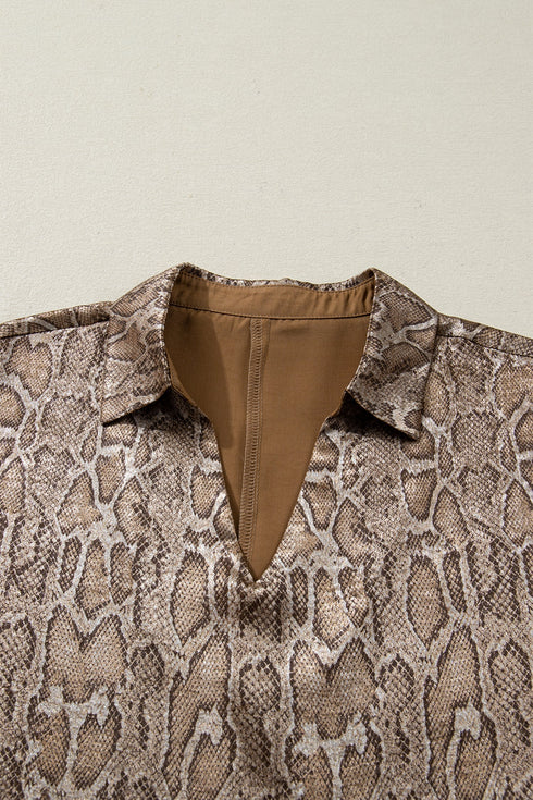 Metallic Leopard Print V Neck Polo Collared Blouse