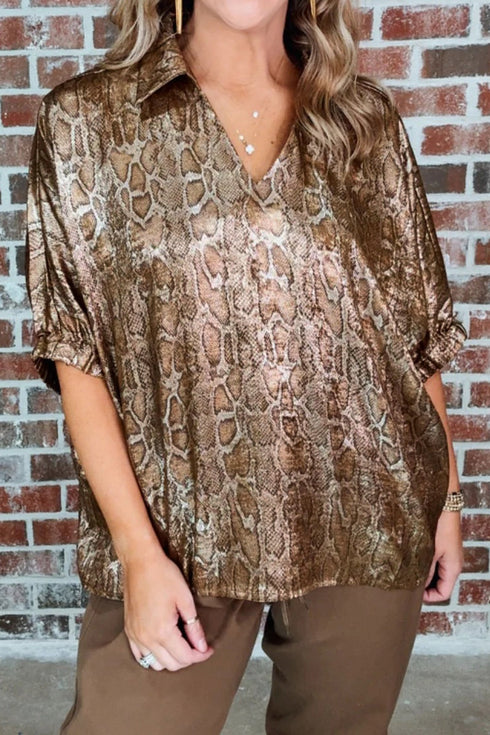 Metallic Leopard Print V Neck Polo Collared Blouse