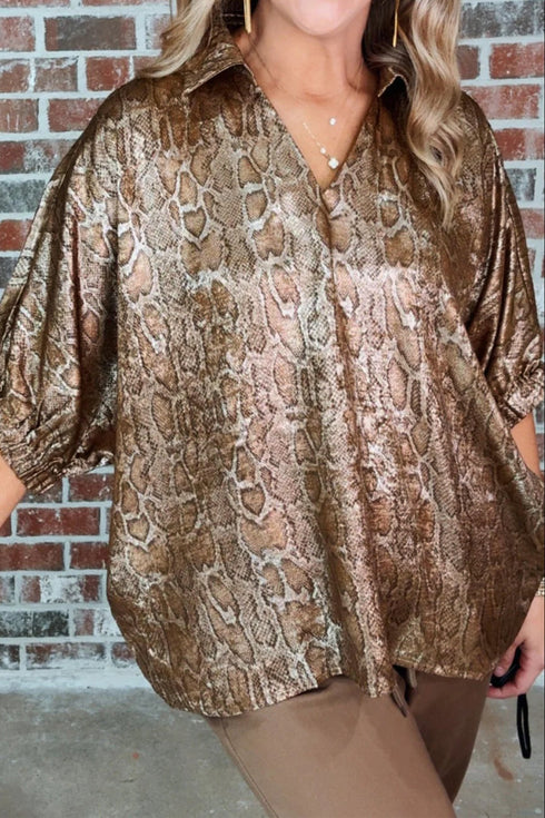 Metallic Leopard Print V Neck Polo Collared Blouse