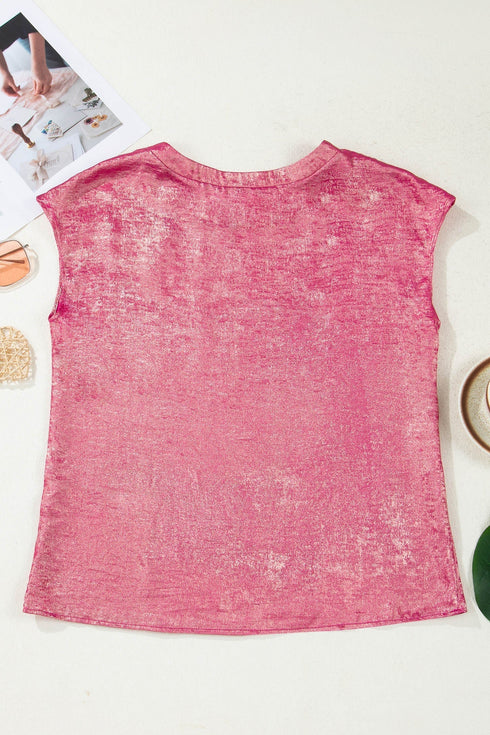 Metallic Round Neck Cap Sleeve Casual Tee