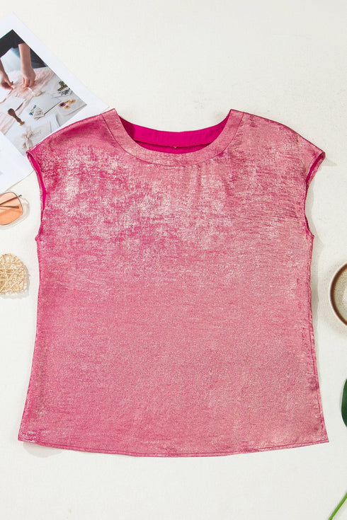Metallic Round Neck Cap Sleeve Casual Tee
