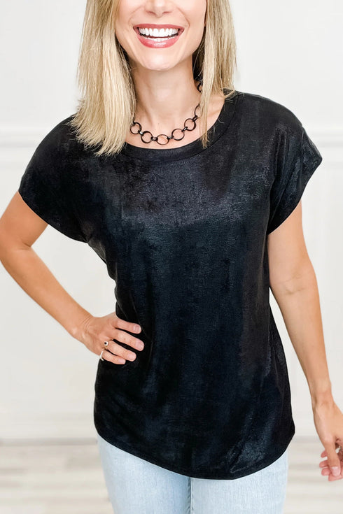 Metallic Round Neck Cap Sleeve Casual Tee