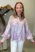 Metallic Ruffle Cuff Back Panel Button Front Statement Shirt