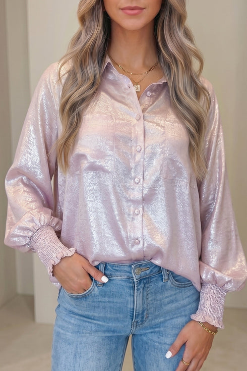 Metallic Ruffle Cuff Back Panel Button Front Statement Shirt