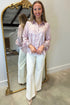 Metallic Ruffle Cuff Back Panel Button Front Statement Shirt