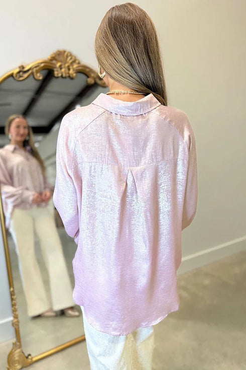 Metallic Ruffle Cuff Back Panel Button Front Statement Shirt