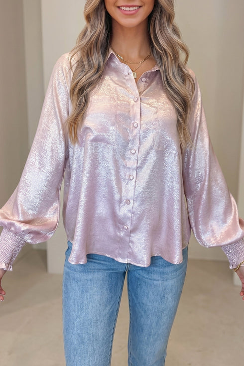 Metallic Ruffle Cuff Back Panel Button Front Statement Shirt