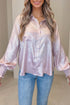 Metallic Ruffle Cuff Back Panel Button Front Statement Shirt