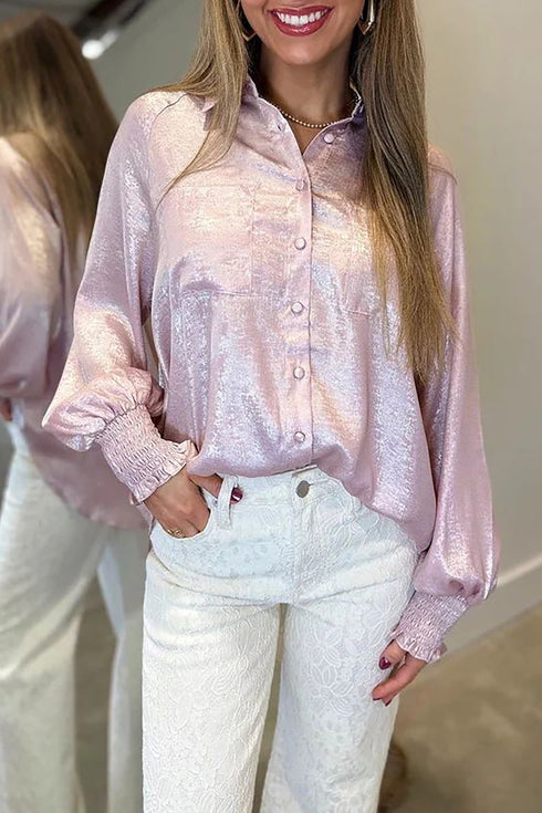 Metallic Ruffle Cuff Back Panel Button Front Statement Shirt
