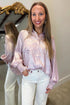 Metallic Ruffle Cuff Back Panel Button Front Statement Shirt