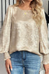 Metallic Satin Round Neck Smocked Cuff Balloon Sleeve Blouse
