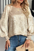 Metallic Satin Round Neck Smocked Cuff Balloon Sleeve Blouse