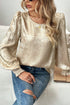 Metallic Satin Round Neck Smocked Cuff Balloon Sleeve Blouse