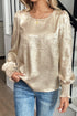 Metallic Satin Round Neck Smocked Cuff Balloon Sleeve Blouse