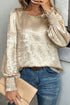Metallic Satin Round Neck Smocked Cuff Balloon Sleeve Blouse