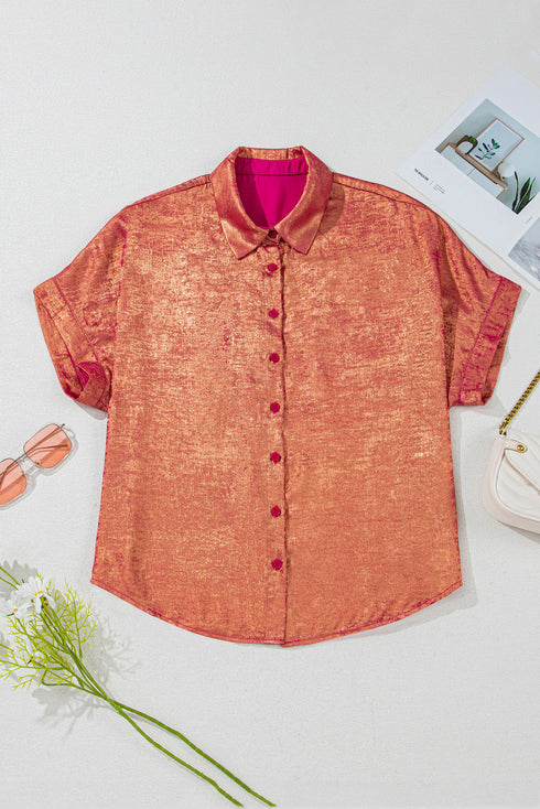 Metallic Satin Sheen Short Sleeve Button Up Blouse