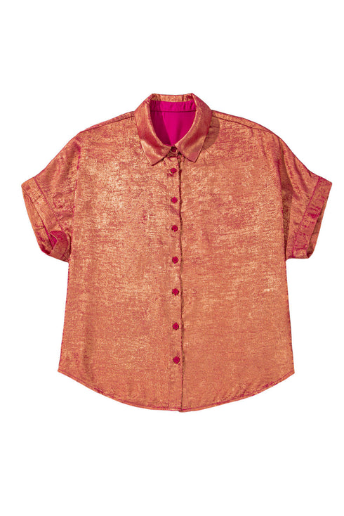 Metallic Satin Sheen Short Sleeve Button Up Blouse